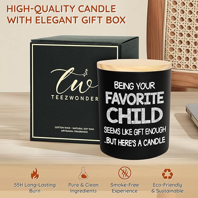 TEEZWONDER Mothers Day Gifts for Mom from Daughter Son - Favorite Child Scented Candle Vanilla Lavender 10 oz - Mother's Day Fathers Day Gift for Dad Grandma Grandpa, Mom Birthday Gifts for Women