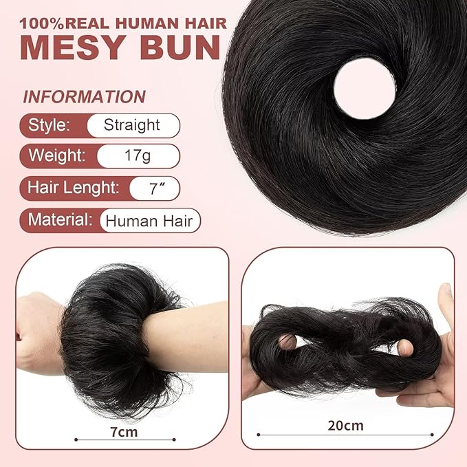 1PCS Messy Bun Hair Piece 100% Real Human Hair Chignons Scrunchies Natural Curly Fluffy Buns for Women Donut Updo Hair Pieces Bun Extension (#1 Jet Black)