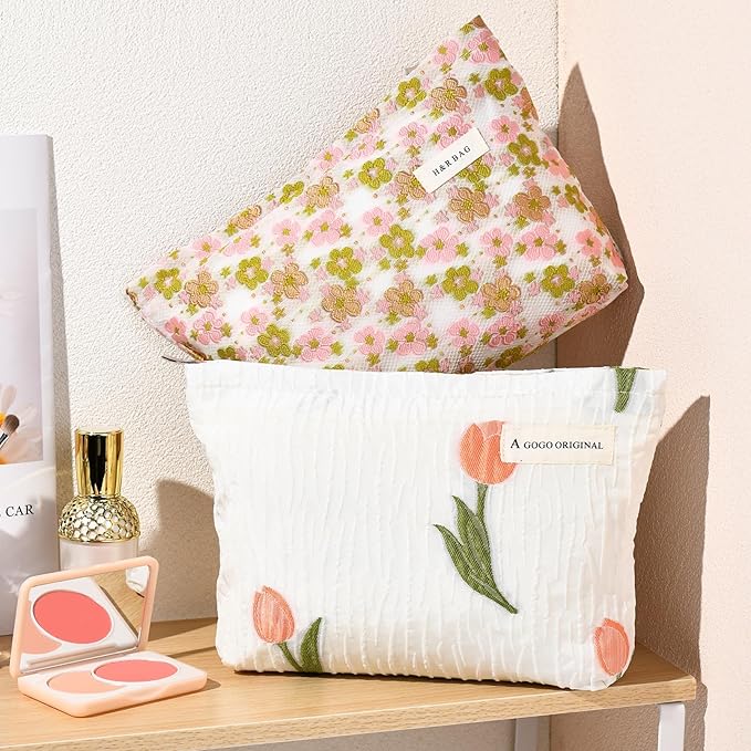 2 Pieces Flower Makeup Bag Large Floral Cosmetic Bag Capacity Canvas Travel Toiletry Bag Organizer Cute Makeup Brushes Aesthetic Accessories Storage Bag for Women, Embossed flower L White Pink