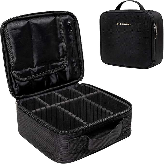 (Not Made In China) 2 Pack, Makeup Train Case, Cosmetic Bag, Portable Beauty Organizer and Storage Box With Adjustable Dividers For Make Up and Brushes (Black, Small)