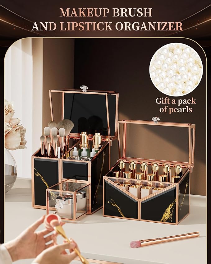Makeup Organizer Countertop Glass – Vanity Holder with 18-Slot Lipstick Organizer & Covered Makeup Brush Holder – Skincare, Perfume & Cosmetic Display for Bathroom or Dresser