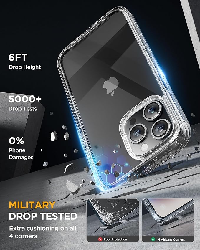 Miracase for iPhone 15 Pro Case Full-Body Built-in Glass Screen Protector& Camera Protector, Military Drop Proof 15 Pro Phone Cover 6.1 inch, Clear Glitter