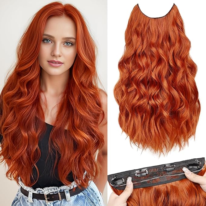 MORICA Invisible Wire Hair Extensions - Copper Red Halo Hair Extensions 20 Inch Long Wavy Synthetic Hairpiece with Transparent Wire, 4 Secure Clips