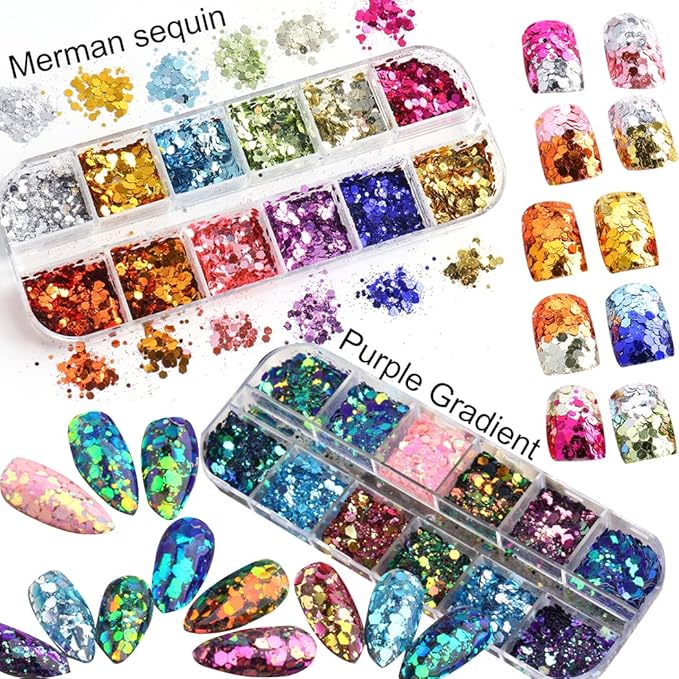 2 Boxes 24 Colors Chameleon Holographic Glitter Mermaid Nail Art Sequins 3D Flakes Laser Gradient Nail Glitter Design Shiny Glitters Powder Accessories for Women Manicure DIY Decorations