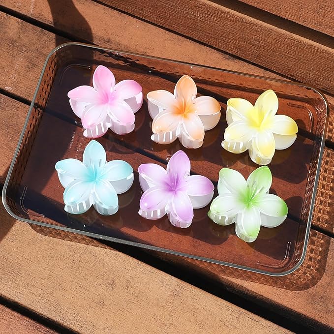 Hawaiian Plumeria Hair Accessories - 6 Pack Large Claw Clips for Thick and Thin Hair, Beach Tropical Hair Clips for Women and Girls