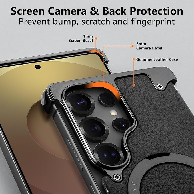 S25 Ultra Case Leather Magnetic with Ring Kickstand, Frameless for Samsung Galaxy S25 Ultra Case for Magsafe, Slim Drop-Proof Protective S25Ultra Cover for Men Women 6.86 Inch, Black