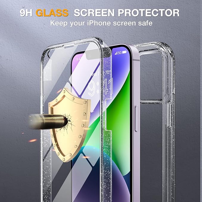 Miracase Glass Series Designed for iPhone 14 Plus Case 6.7 inch, 2023 Upgrade Full-Body Clear Bumper Case with Built-in 9H Tempered Glass Screen Protector and Camera Lens Protector,Glitter Clear