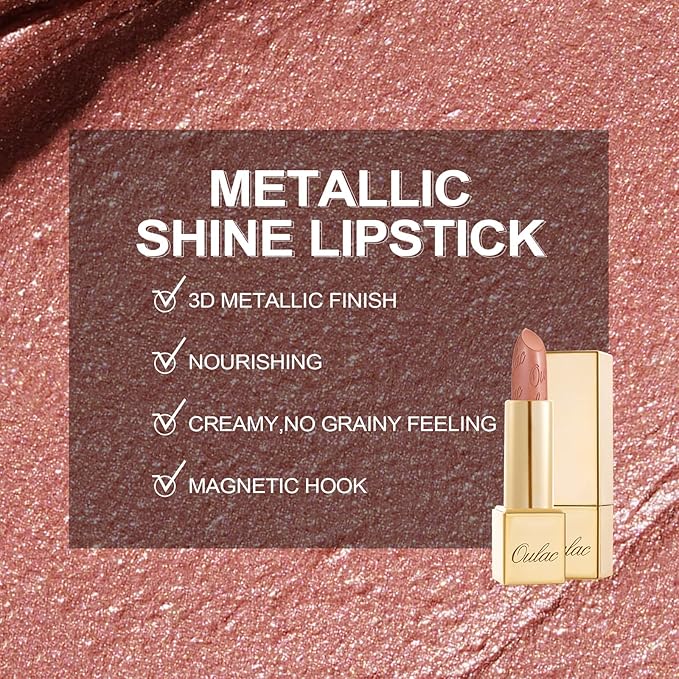 Oulac Nude Lipstick for Women with Metallic 3D Shine Lightweight Hydrating Formula, High Impact Lip Color, Vegan Beauty, Full Coverage Lip Makeup, Christmas Gifts for Women, Pure Envy(07)