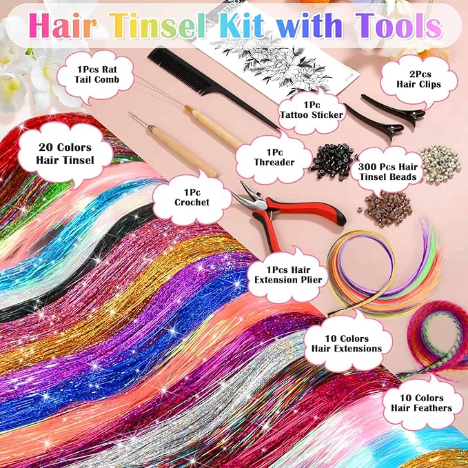 20 Colors Hair Tinsel with Hair Feathers & Colorful Hair Extensions, 48 Inch Sparkle Hair Glitter Strands with Colored Hair Feathers Extensions Kit for Women Girls Kids Party Festival