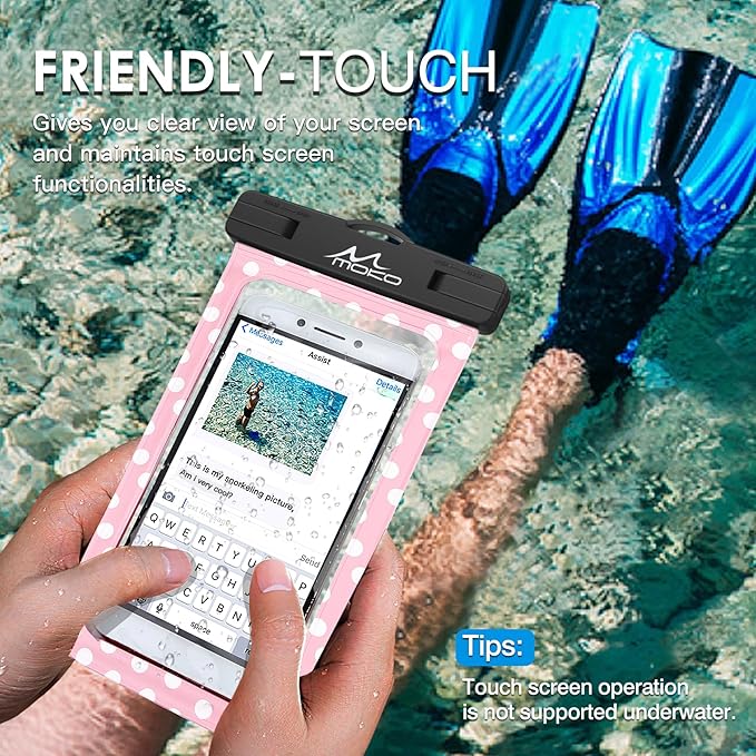 MoKo Waterproof Phone Pouch Holder, Cellphone Case Dry Bag with Lanyard Armband Compatible with iPhone 16 15 14 13 12 11 Pro Max, Samsung S24/S23/S21/S20/S10, Pink dots