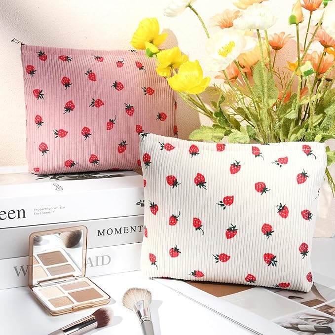 2 Pcs Cute Makeup Bag Large Cosmetic Bag Toiletry Bag Makeup Pouch Travel Bag Organizer Cute Makeup Brushes Aesthetic Accessories Storage Bag for Women Strawberry Pink Beige