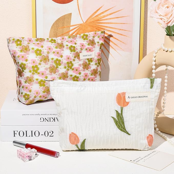 2 Pieces Flower Makeup Bag Large Floral Cosmetic Bag Capacity Canvas Travel Toiletry Bag Organizer Cute Makeup Brushes Aesthetic Accessories Storage Bag for Women, Embossed flower L White Pink