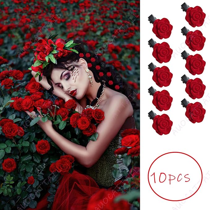 14 Pieces Halloween Rose Hair Clip U-Shape Hair Flowers Fork Clip Gothic Styling Hair Accessories for Cosplay Ghost Bridal Halloween Costume