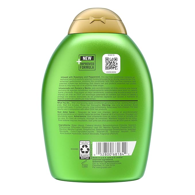 OGX Clarifying Strength + Rosemary Mint Conditioner, Clarifying Conditioner Visibly Helps Remove Oil & Residue to Clear Away Buildup from Oily Hair, Sulfate-Free Surfactants, 13 fl. oz