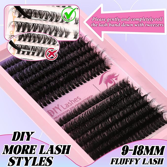 280 Pcs Lash Clusters Extension Kit 80D+60D Cat Eye Lashes Clusters Kit 9-18mm Fluffy Wispy Cluster Eyelash Extensions Kit D Curl Eyelash Clusters Individual Lashes DIY Lash Makeup at Home