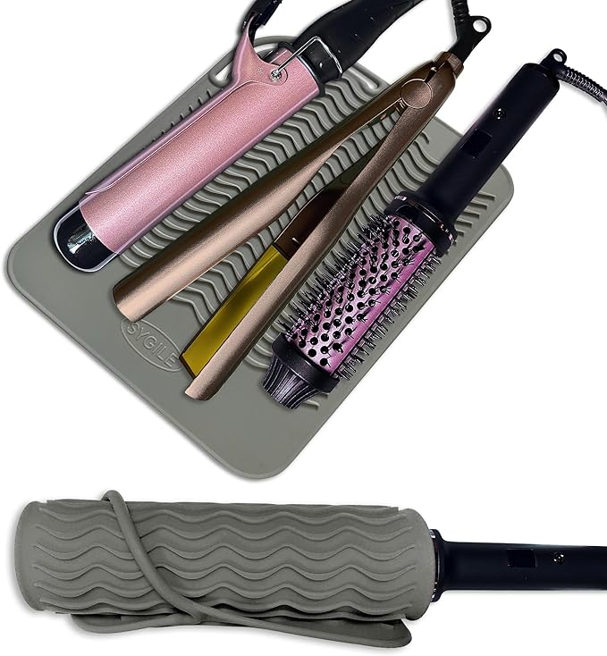 11" X 7.5" Large Heat Resistant Silicone Mat for Hair Styling Tools with Pouch, Hot Iron Pad Counter for Curling Iron Straightener, Curling Iron Heat Mat, Flat Iron Holder - Gray