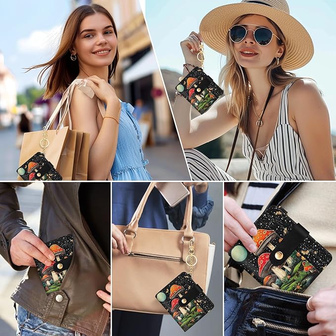 Mushroom Rfid Women Wallet, Small Slim Thin Credit Card Wallet, PU Leather Bifold Cash Zipper Coin Pocket ID Window for Female Ladies Teen Girls Girly