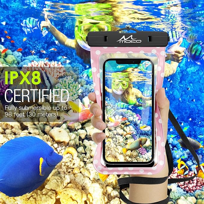 MoKo Waterproof Phone Pouch Holder, Cellphone Case Dry Bag with Lanyard Armband Compatible with iPhone 16 15 14 13 12 11 Pro Max, Samsung S24/S23/S21/S20/S10, Pink dots