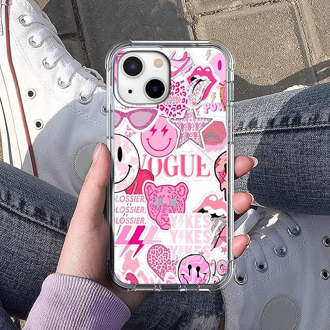 Case for iPhone 15 Plus with Pink Design,Aesthetic Hippie Indie Popular Elements Pattern,Shockproof Soft TPU Bumper Phone Cover(15plus,Pink)