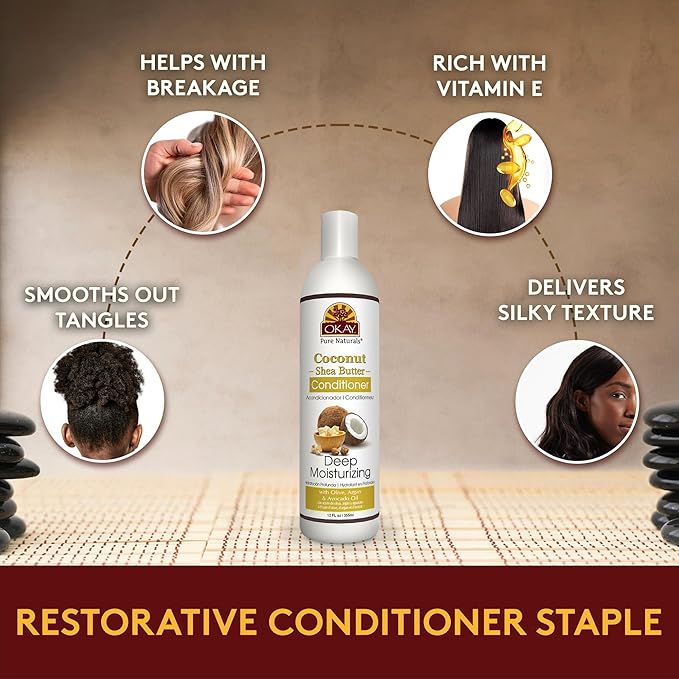 OKAY | Coconut & Shea Butter Conditioner | For All Hair Types & Textures | Fortify - Strengthen - Revitalize | With Olive, Argan & Avocado Oil | Free of Paraben, Silicone, Sulfate | 12. oz