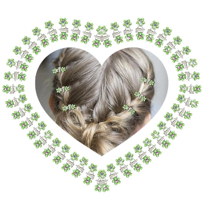65PCS Mini Flower Hair Clips with Rhinestone Mini Glitter Teeth Rhinestone Flower Hair Accessories - No-Slip Grip Metal Jaw Clamps for Girls Women (Silver-Green Crystal)