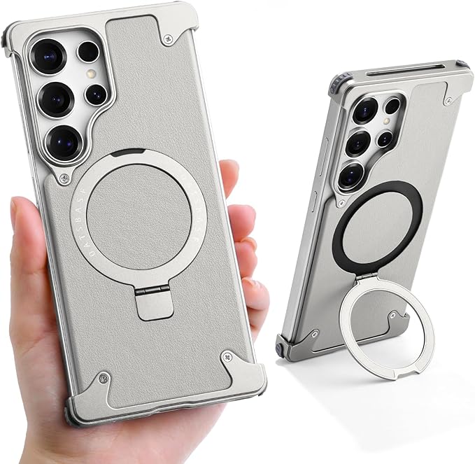 S25 Ultra Case Leather Magnetic with Ring Kickstand, Frameless for Samsung Galaxy S25 Ultra Case for Magsafe, Slim Drop-Proof Protective S25Ultra Cover for Men Women 6.86 Inch, Gray