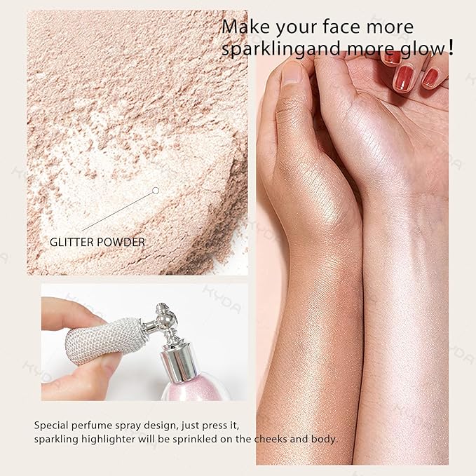 KYDA Highlighter Powder Spray, High Gloss Glitter Spray, Shimmer Sparkling Powder Makeup, for Face and Body Glitter Cosmetic-Soft Pink