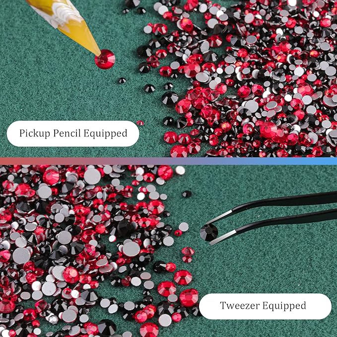 3440PCS 6 Sizes Black and Red Glass Crystal Kit with Pickup Pen + Tweezer Tools for Iridescent Shine Nail Art Manicure Makeup DIY Deco Flatback Round Bead Rhinestone Gem Jewelry Diamond