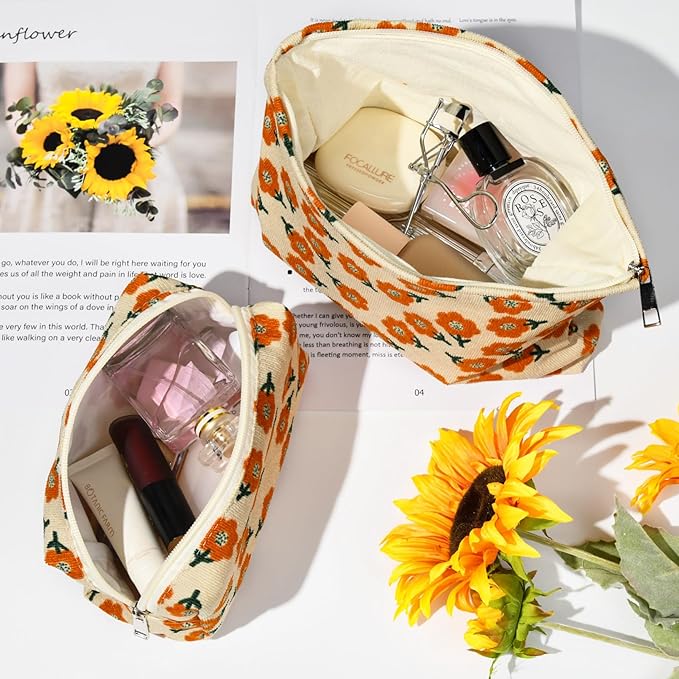 2 Pieces Flower Makeup Bag Large Corduroy Cosmetic Bag Capacity Canvas Mix Travel Toiletry Bag Organizer Cute Makeup Brushes Aesthetic Accessories Storage Bag for Women, Flower Mix Orange