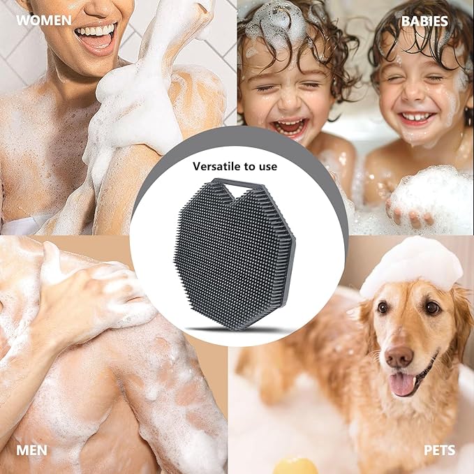 2 Pack Silicone Body Scrubber, Exfoliating Body Scrubber for Sensitive Skin, Silicone Loofah with Anti-Slippery Handle, Stays Clean Easily, Travel-Friendly for Men & Women (Gray + Purple)