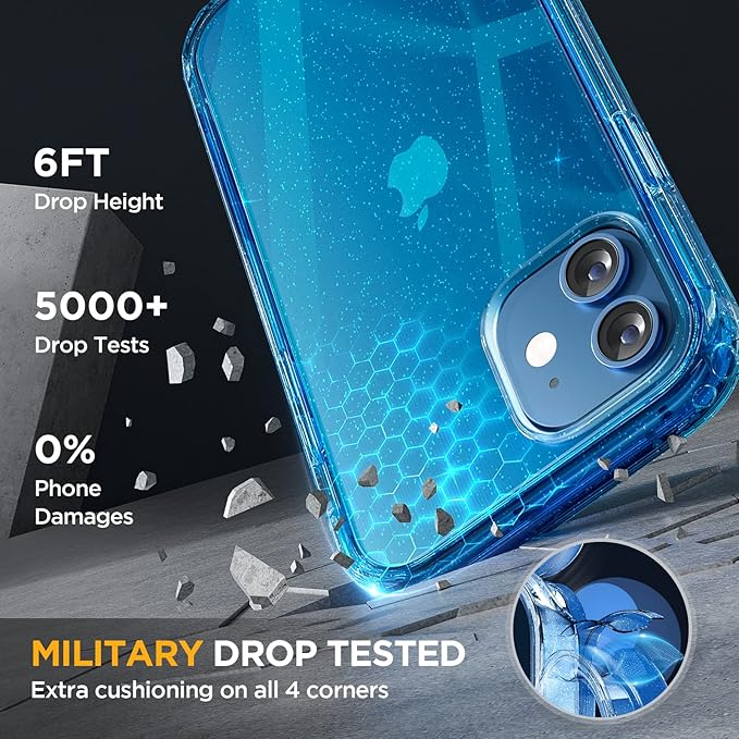 Miracase Glass Series for iPhone 12/12 Pro - Full-Body Rugged Protective Case with Built-in 9H Tempered Glass Screen Protector and Camera Lens Protector - Glitter Blue