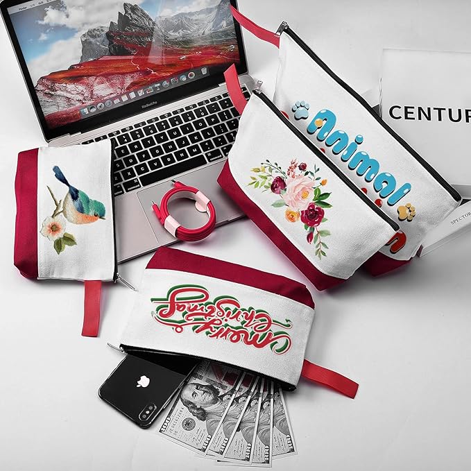 10 Pieces Cotton Canvas Makeup Bag with Bottom and Strap, Multi-Purpose Cosmetic Bag with Zipper Travel Toiletry Pouch, Blank DIY Craft Bag (White&Red, S)