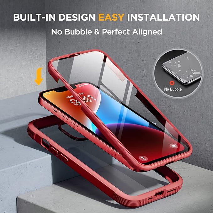 Miracase Glass Series Designed for iPhone 14 Plus Case 6.7 inch, 2023 Upgrade Full-Body Clear Bumper Case with Built-in 9H Tempered Glass Screen Protector and Camera Lens Protector,Red