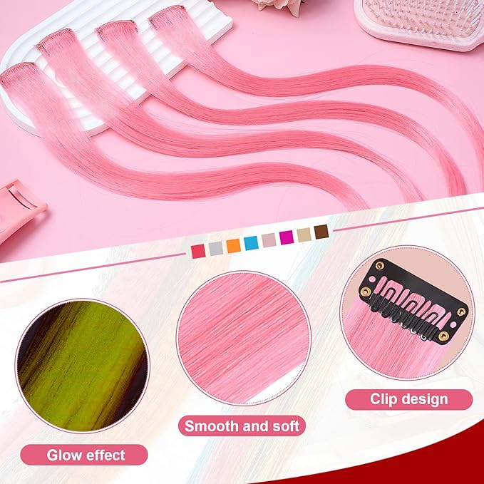20 Pcs Glow in the Dark Colored Hair Extensions Clip 20 Inch Rainbow Party Hairpiece for Women, 10 Color(Pink)