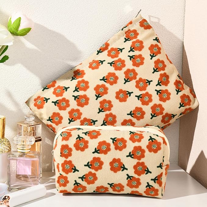 2 Pieces Flower Makeup Bag Large Corduroy Cosmetic Bag Capacity Canvas Mix Travel Toiletry Bag Organizer Cute Makeup Brushes Aesthetic Accessories Storage Bag for Women, Flower Mix Orange