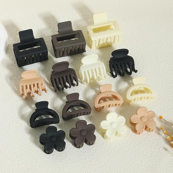 Hair Clip Set, 16Pcs Medium Claw Clips for Women Girls, Matte Rectangle Double Row Teeth Flower Semicircle Small Clips for Thin/Medium Thick Hair, Nonslip Clips (Beige, Khaki, Brown, Black)