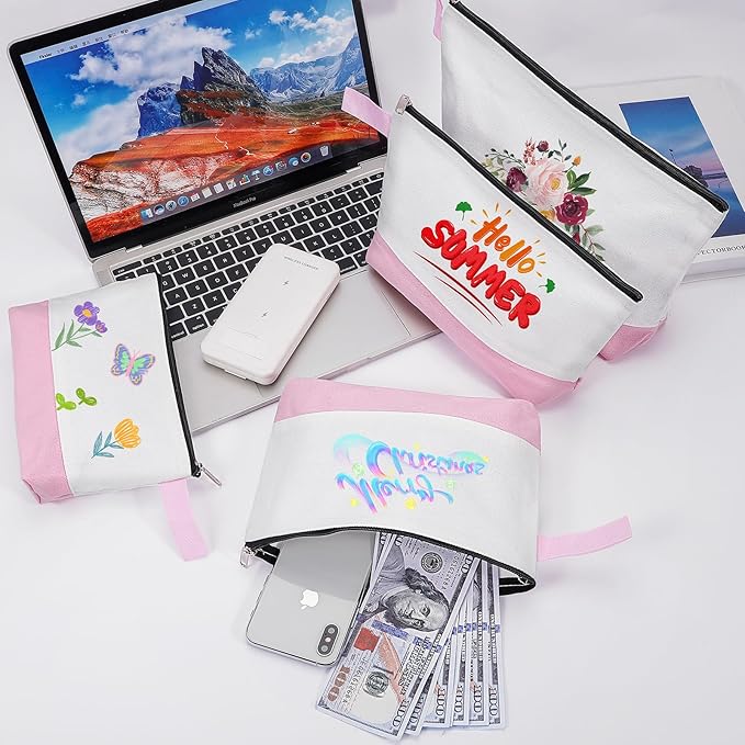 10 Pieces Cotton Canvas Makeup Bag with Bottom and Strap, Multi-Purpose Cosmetic Bag with Zipper Travel Toiletry Pouch, Blank DIY Craft Bag (White&Pink, XS)