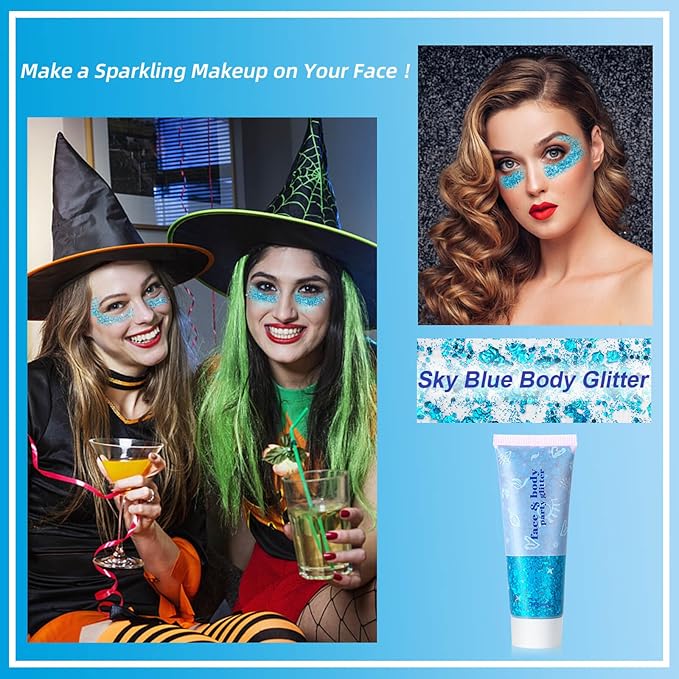 MEICOLY Sky Blue Body Glitter, Teal Face Gel, Mermaid Turquoise Sparkling Glitter Makeup for Women Kids, 50 ml