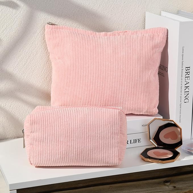 2 Pieces Makeup Bag Large Corduroy Cosmetic Bag Capacity Canvas Mix Travel Toiletry Bag Organizer Cute Makeup Brushes Aesthetic Accessories Storage Bag for Women, Corduroy Mix Pink
