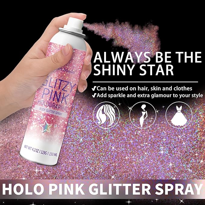 Body Glitte Spray, 150ML Pink Glitter Spray for Hair and Body, Long-Lasting and Quick-Drying Holographic Glitter Hairspray for Kids Women, Body Shimmer Festival Rave and Makeup 4.2 Fl Oz