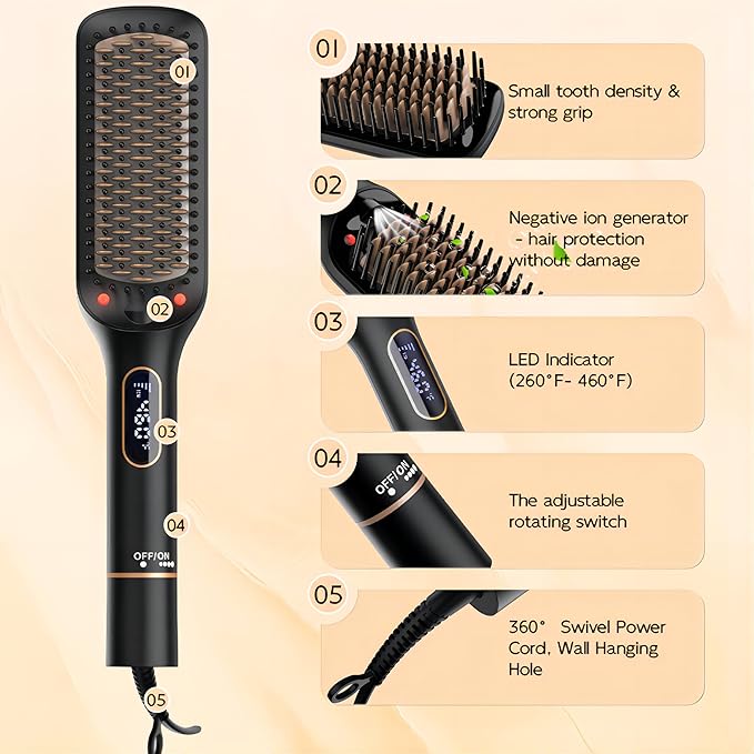 Nicebay Hair Straightener Brush with Rotatable Temperature Adjustment, 6 Temp Settings, Auto-Off, LED Display, Effective Hair Care for Women, Ceramic Heater Surface Material, Black & Gold