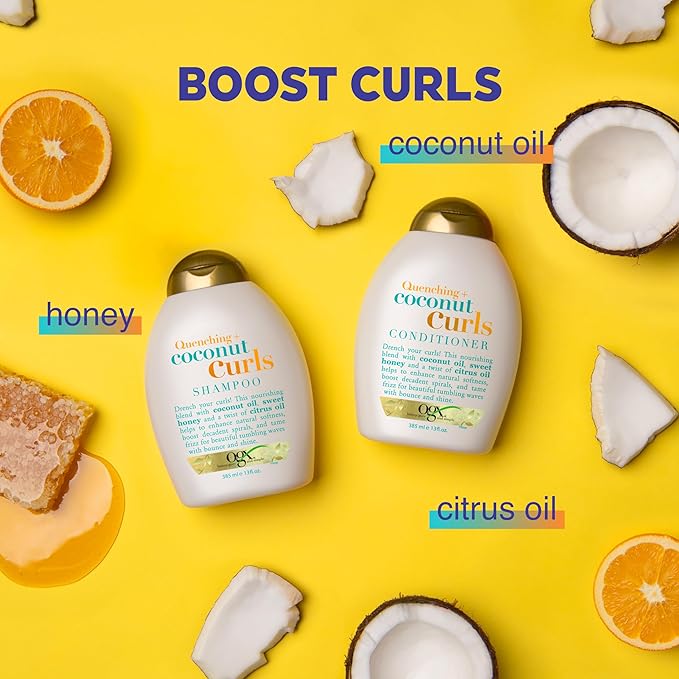 OGX Quenching + Coconut, Curl-Defining Shampoo, Hydrating & Nourishing Curly Hair Shampoo with Coconut Oil, Citrus Oil & Honey, Paraben, Sulfate-Free Surfactants, 13 floz (Pack of 2)