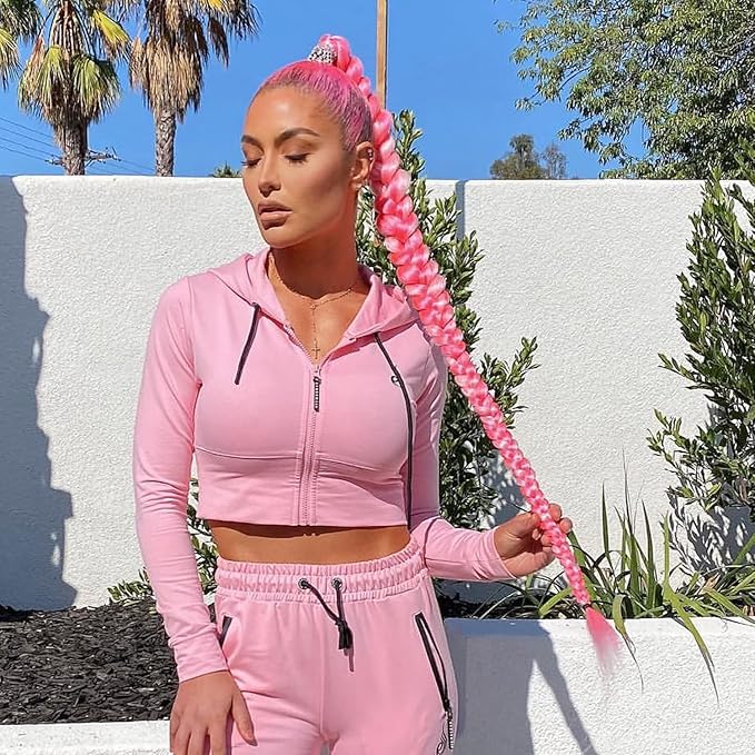 2 Pack Pink Long Braided Ponytail Extension with Hair Tie Straight Wrap Around Hair Extensions Ponytail Natural Soft Synthetic Hair Piece for Women