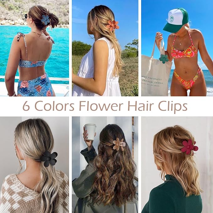 Flower Hair Clips 6 PCS Flower Claw Clips Daisy Clips for Women Matte Large Claw Clips Strong Hold Jaw Clamps Hair Accessories for Thick Hair 6 Colors