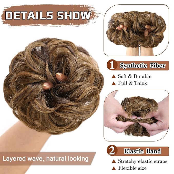 MORICA 1PCS Messy Hair Bun Hair Scrunchies Extension Curly Wavy Messy Bun Hair Synthetic Chignon Hairpieces for Women(6H27(Dark Brown & Caramel Blonde))