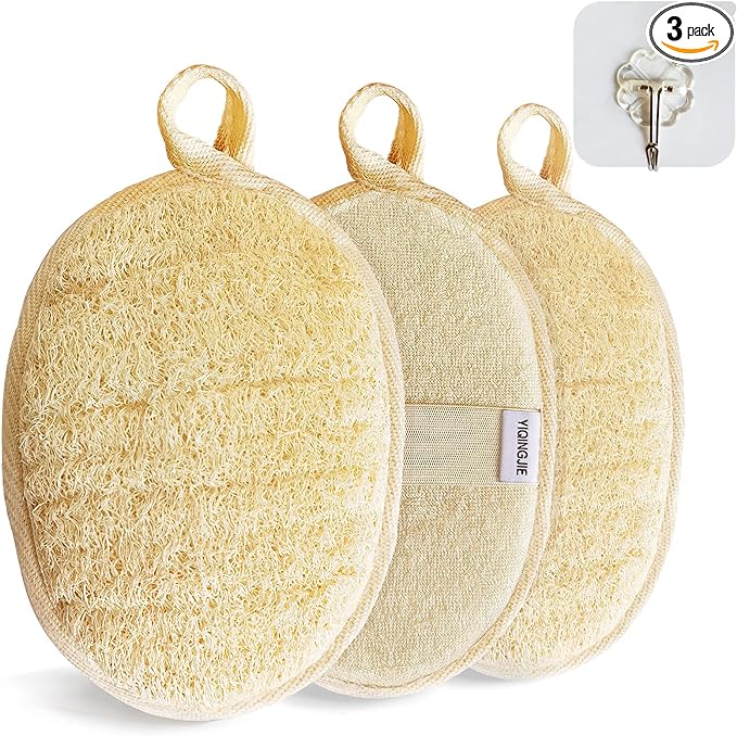 Natural Loofah Sponge Exfoliating Body Scrubber (3 Pack),Made with Eco-Friendly and Biodegradable Shower Luffa Sponge, Loofah for Women and Men, Beige