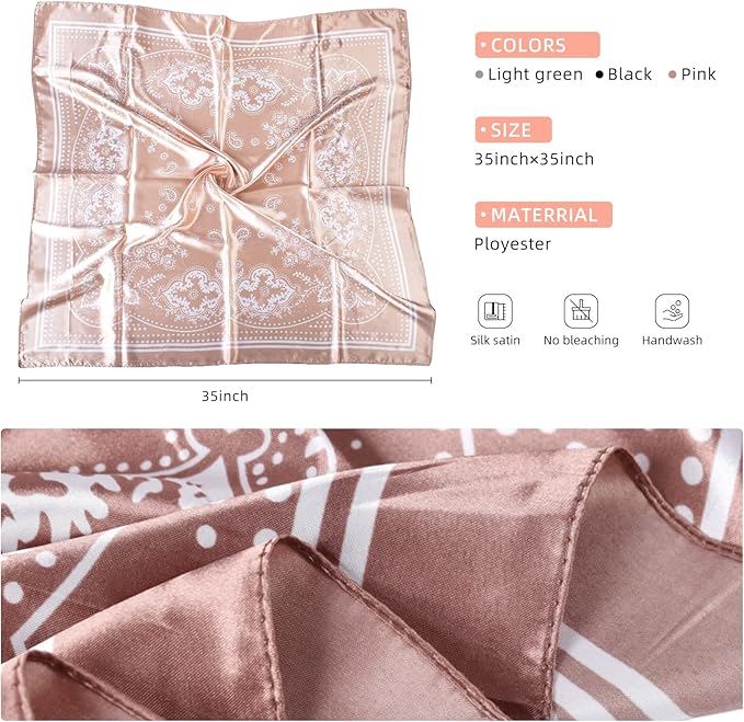 35 x 35 Women's Fashion Pattern Large Square Silk Like Hair Scarf Head Sleeping Wrap Satin Neck Bandana for Gift…