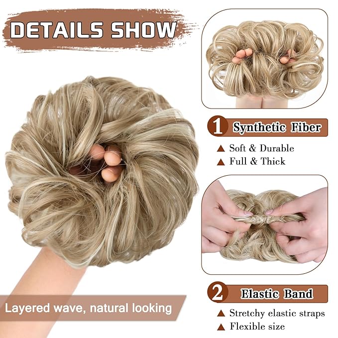 MORICA 1PCS Messy Hair Bun Hair Scrunchies Extension Curly Wavy Messy Bun Hair Synthetic Chignon Hairpieces for Women(16H613(Light Ash Brown & Bleach Blonde))