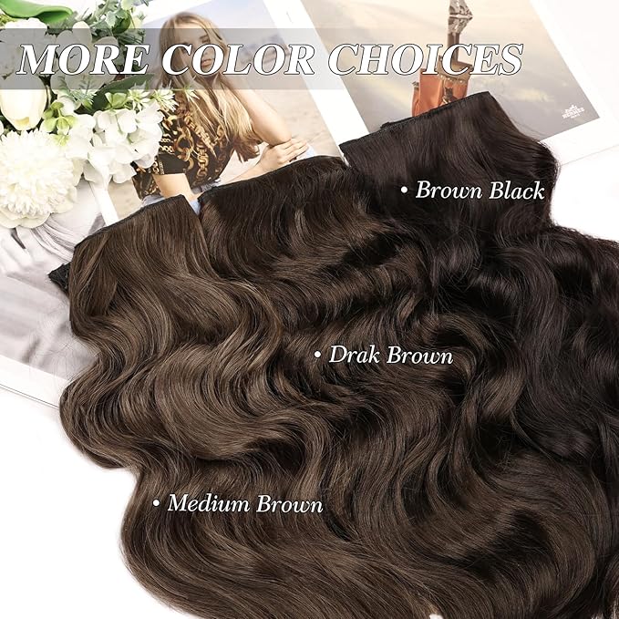 MORICA Invisible Wire Hair Extensions - 14 Inch Dark Brown Long Wavy Synthetic Hairpiece with Transparent Wire Adjustable Size, 4 Secure Clips for Women(Dark Brown,14Inch)