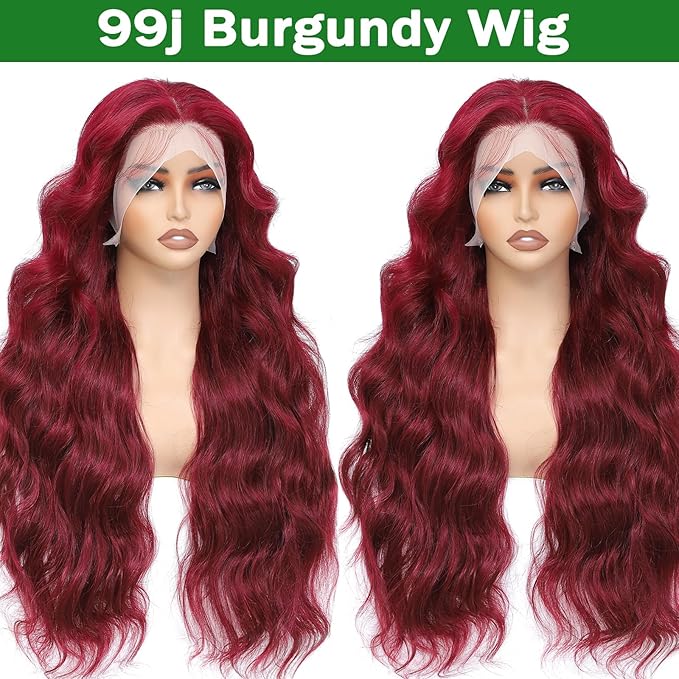 99j Burgundy Lace Front Wigs Human Hair 13x6 Body Wave Lace Front Wigs Human Hair Pre Plucked Glueless Red Wig Wine Red Wigs for Women Reddish Brown 180 Density 24 Inch
